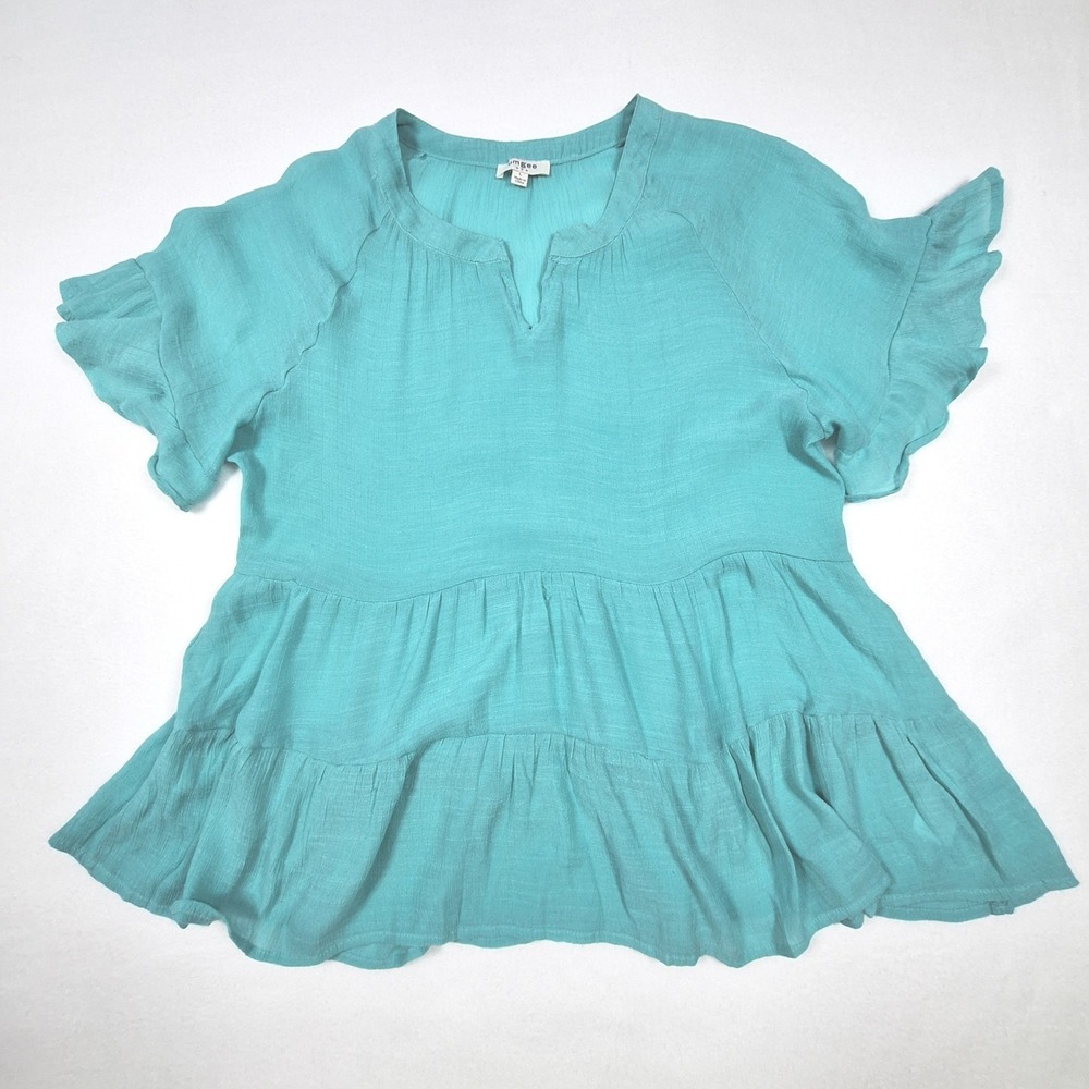 Umgee Babydoll Top Womens Large Turquoise Ruffle Sleeve Tiered Boho Blouse